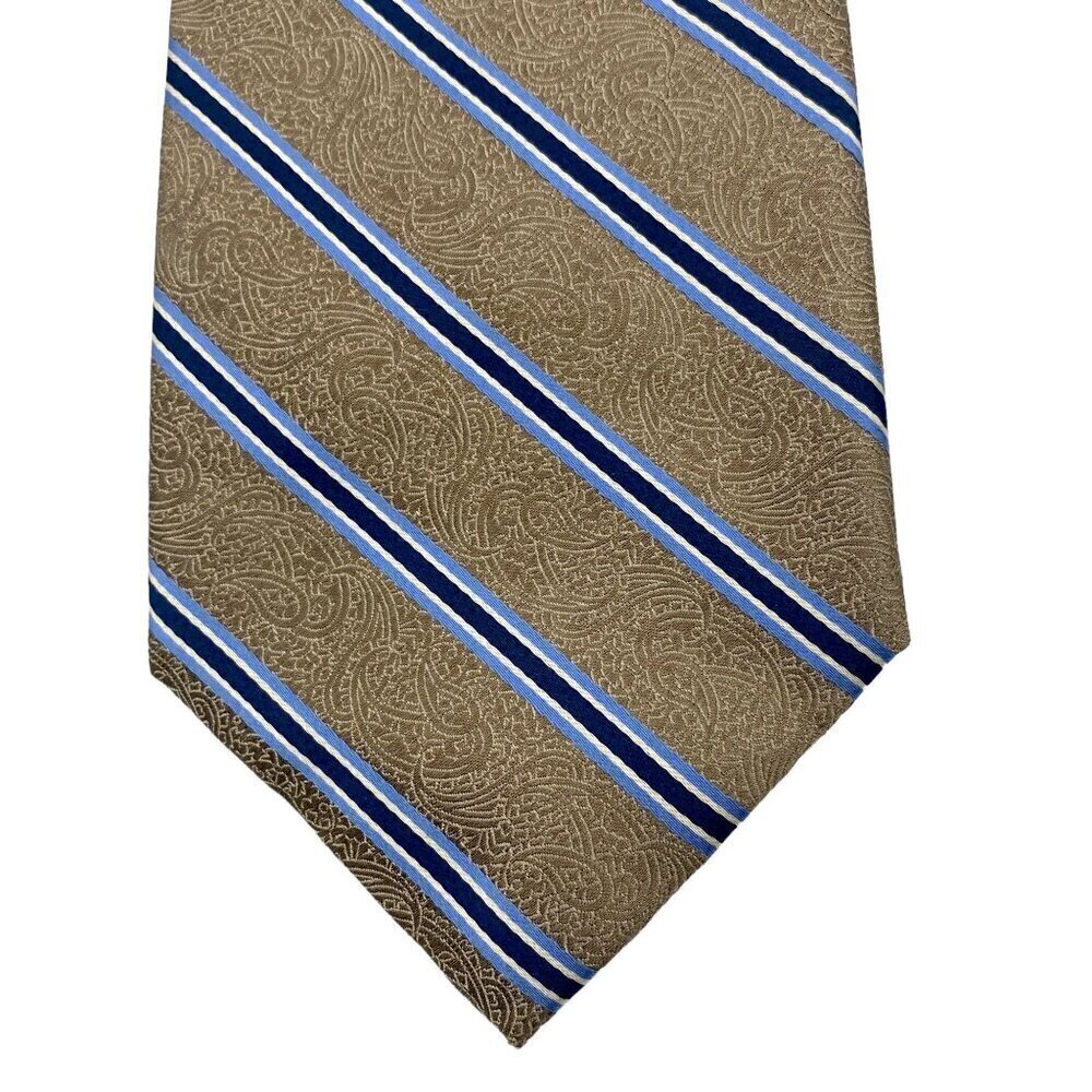 Roberto Villini Couture  Mens Necktie Luxury Silk Tie Beige Blue Stripe Jacquard